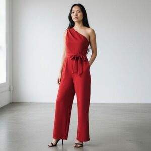 Antonio Melani Jumpsuit Womens 14 Red One Shoulder Wide Leg Belted Formal Dressy